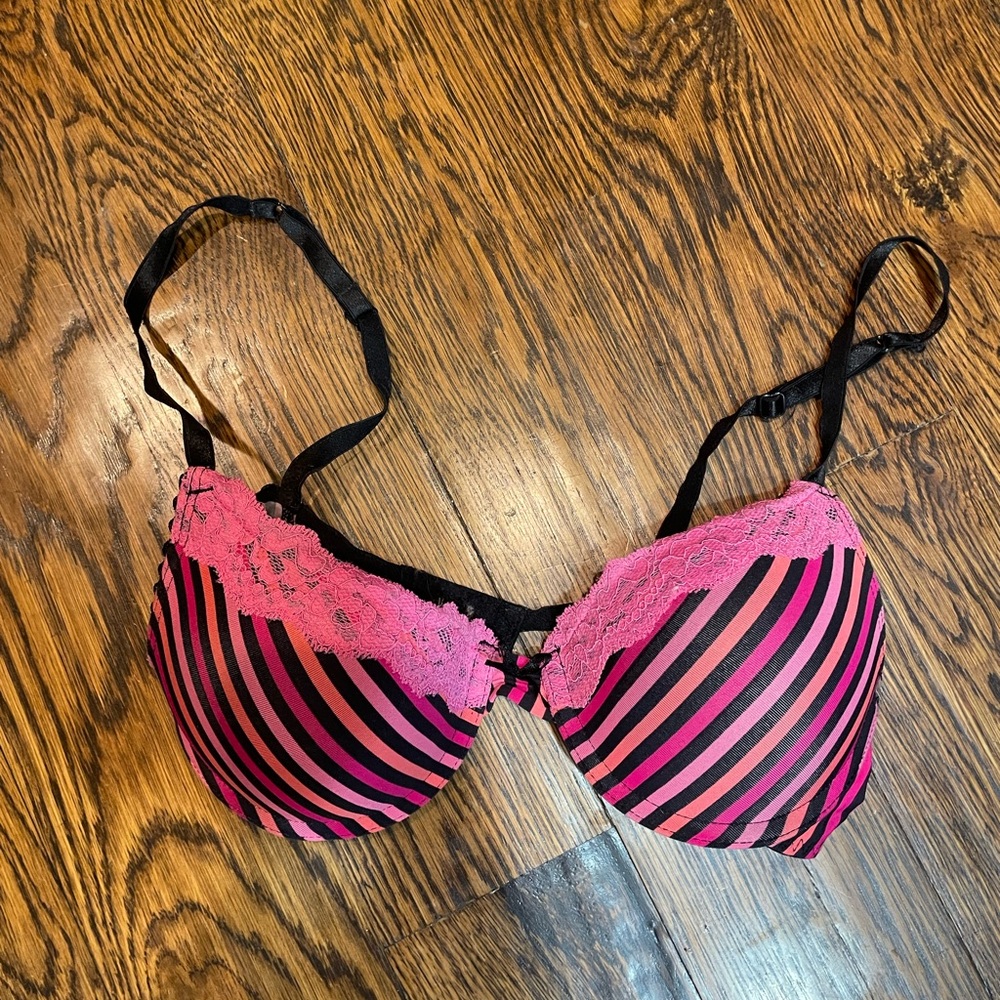 Pink and Black Striped Lace Bra - size 34B.
